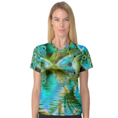 Crystal Gold Peacock, Abstract Mystical Lake Women s V-Neck Sport Mesh Tee