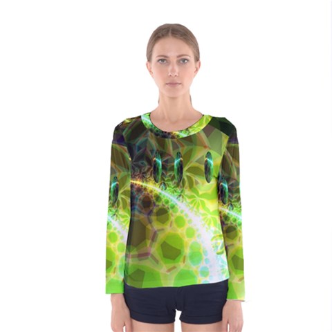 Dawn Of Time, Abstract Lime & Gold Emerge Women s Long Sleeve Tee by DianeClancy