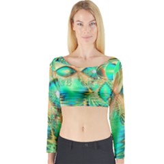 Golden Teal Peacock, Abstract Copper Crystal Long Sleeve Crop Top by DianeClancy