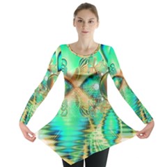 Golden Teal Peacock, Abstract Copper Crystal Long Sleeve Tunic  by DianeClancy