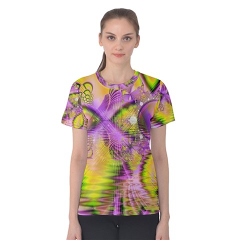 Golden Violet Crystal Heart Of Fire, Abstract Women s Cotton Tee by DianeClancy