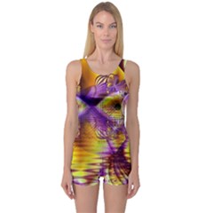 Golden Violet Crystal Palace, Abstract Cosmic Explosion One Piece Boyleg Swimsuit by DianeClancy