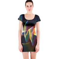 Northern Lights, Abstract Rainbow Aurora Short Sleeve Bodycon Dress