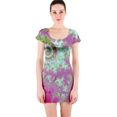 Raspberry Lime Surprise, Abstract Sea Garden  Short Sleeve Bodycon Dress