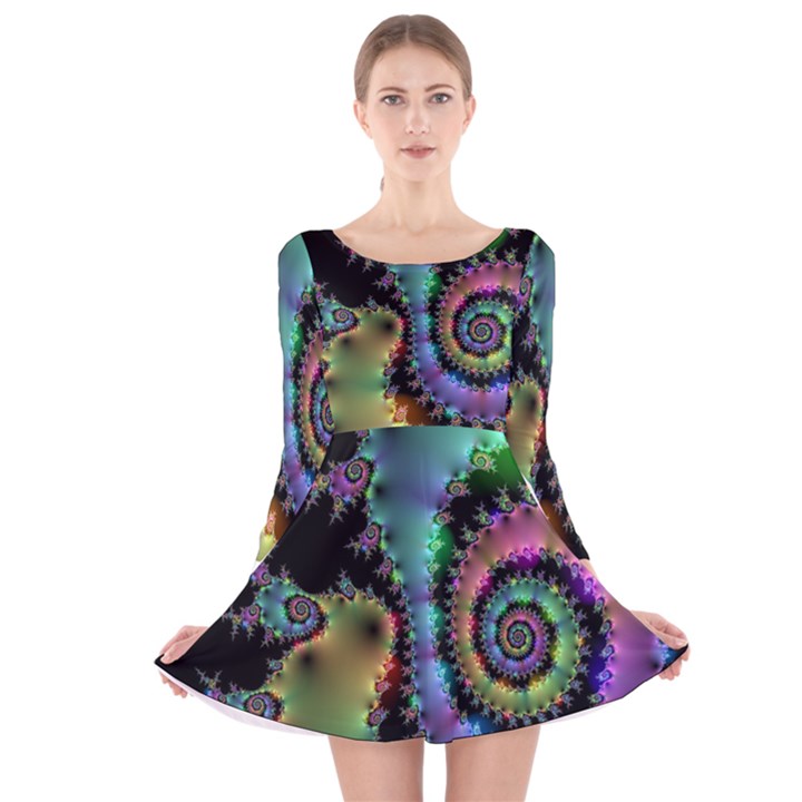 Satin Rainbow, Spiral Curves Through the Cosmos Long Sleeve Velvet Skater Dress