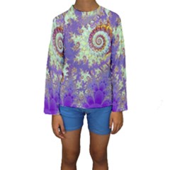 Sea Shell Spiral, Abstract Violet Cyan Stars Kid s Long Sleeve Swimwear by DianeClancy