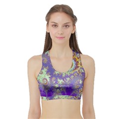 Sea Shell Spiral, Abstract Violet Cyan Stars Women s Sports Bra With Border by DianeClancy