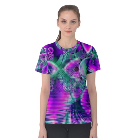  Teal Violet Crystal Palace, Abstract Cosmic Heart Women s Cotton Tee by DianeClancy