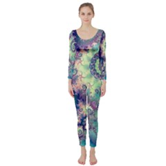 Violet Teal Sea Shells, Abstract Underwater Forest (purple Sea Horse, Abstract Ocean Waves  Long Sleeve Catsuit