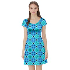 Vibrant Modern Abstract Lattice Aqua Blue Quilt Short Sleeve Skater Dress by DianeClancy