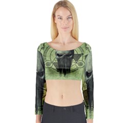 Awesome Green Skull Long Sleeve Crop Top