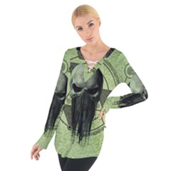 Awesome Green Skull Women s Tie Up Tee