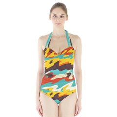 Wavy Retro  Texture           Women s Halter One Piece Swimsuit