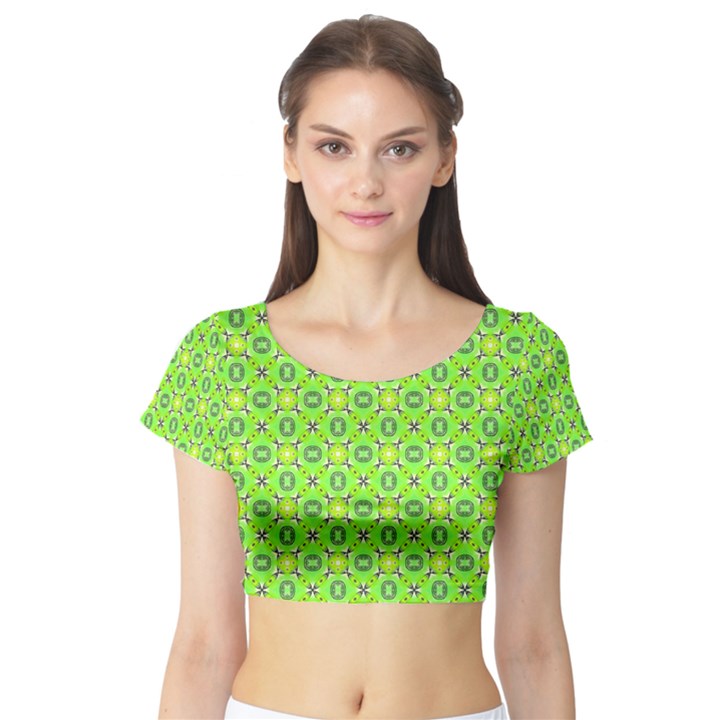 Vibrant Abstract Tropical Lime Foliage Lattice Short Sleeve Crop Top (Tight Fit)