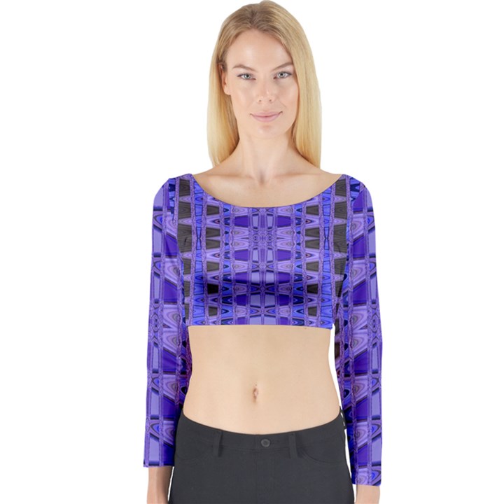 Blue Black Geometric Pattern Long Sleeve Crop Top