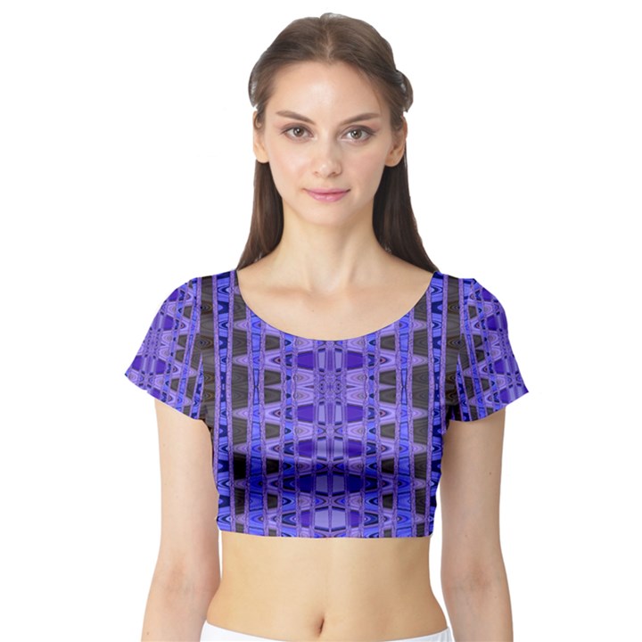 Blue Black Geometric Pattern Short Sleeve Crop Top (Tight Fit)