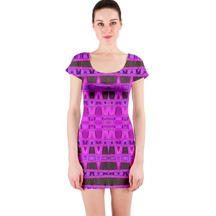 Bright Pink Black Geometric Pattern Short Sleeve Bodycon Dress