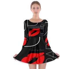 Greetings From Paris 1500 1500 Red Lipstick Kiss Black Postcard Design Long Sleeve Skater Dress by yoursparklingshop