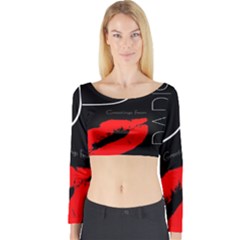 Greetings From Paris Red Lipstick Kiss Black Postcard Long Sleeve Crop Top