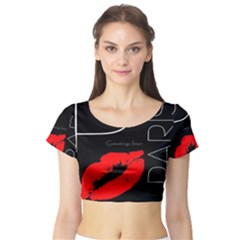 Greetings From Paris Red Lipstick Kiss Black Postcard Short Sleeve Crop Top (tight Fit)