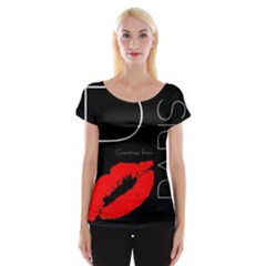 Greetings From Paris Red Lipstick Kiss Black Postcard Women s Cap Sleeve Top