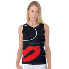 Greetings From Paris Red Lipstick Kiss Black Postcard Women s Basketball Tank Top by yoursparklingshop