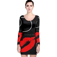 Greetings From Paris Red Lipstick Kiss Black Postcard Long Sleeve Velvet Bodycon Dress