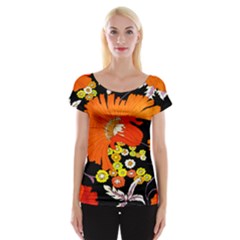 70s Flower Print Women s Cap Sleeve Top