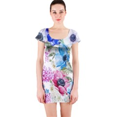 Watercolor Spring Flowers Short Sleeve Bodycon Dress