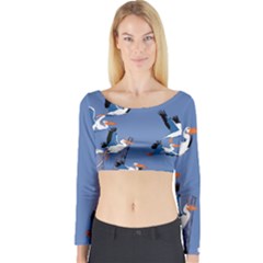 Abstract Pelicans Seascape Tropical Pop Art Long Sleeve Crop Top