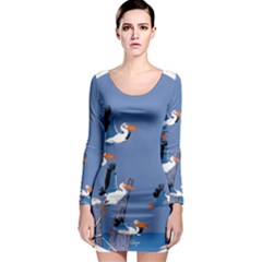 Abstract Pelicans Seascape Tropical Pop Art Long Sleeve Bodycon Dress