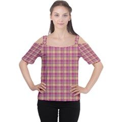 Pink Plaid Pattern Women s Cutout Shoulder Tee