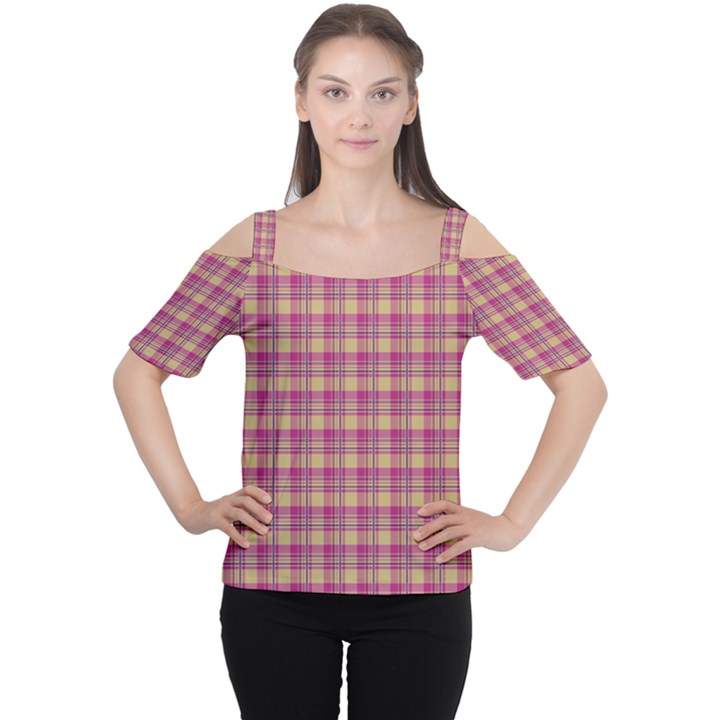 Pink Plaid Pattern Women s Cutout Shoulder Tee