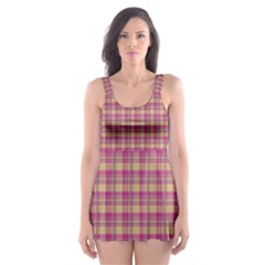 Pink Plaid Pattern Skater Dress Swimsuit