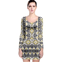 Ornamental Black And Yellow Boho Pattern Long Sleeve Bodycon Dress