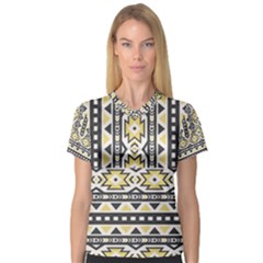 Ornamental Black And Yellow Boho Pattern Women s V-neck Sport Mesh Tee