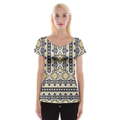 Ornamental Black And Yellow Boho Pattern Women s Cap Sleeve Top