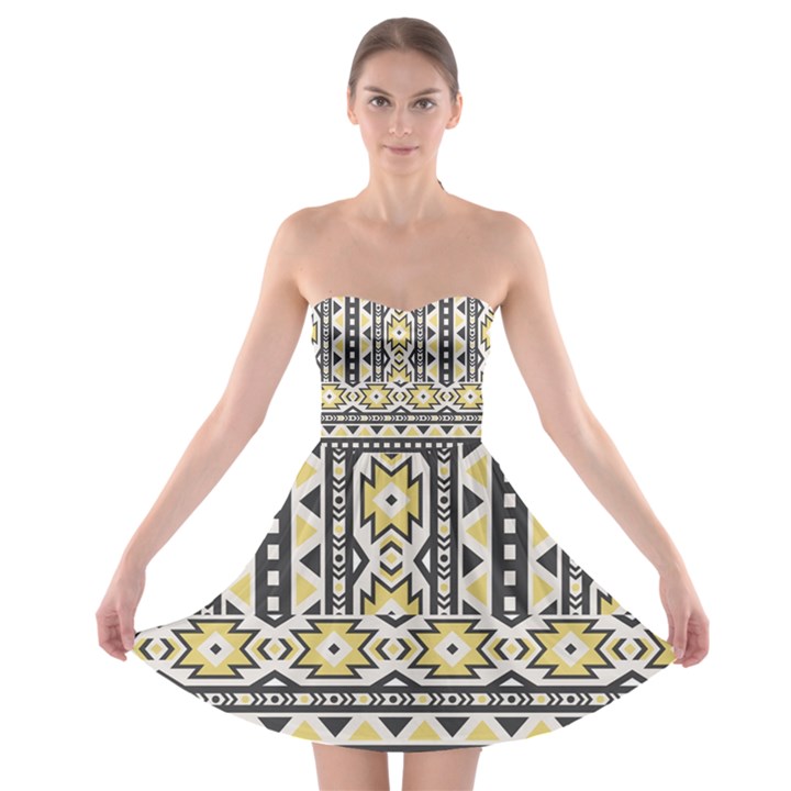 Ornamental Black and yellow boho pattern Strapless Dresses