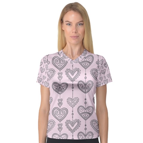 Sketches Ornamental Hearts Pattern Women s V-neck Sport Mesh Tee by TastefulDesigns