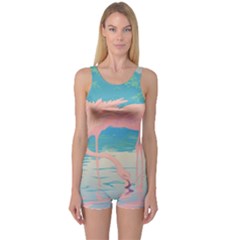 Two Pink Flamingos Pop Art One Piece Boyleg Swimsuit by WaltCurleeArt