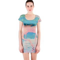 Two Pink Flamingos Pop Art Short Sleeve Bodycon Dress by WaltCurleeArt