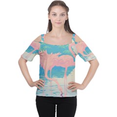 Two Pink Flamingos Pop Art Women s Cutout Shoulder Tee