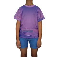 Abstract Tropical Birds Purple Sunset  Kid s Short Sleeve Swimwear by WaltCurleeArt