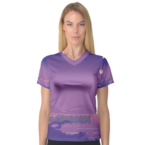 Abstract Tropical Birds Purple Sunset  Women s V-neck Sport Mesh Tee by WaltCurleeArt