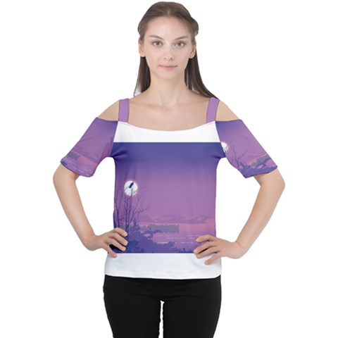 Abstract Tropical Birds Purple Sunset  Women s Cutout Shoulder Tee by WaltCurleeArt