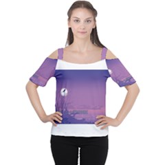 Abstract Tropical Birds Purple Sunset  Women s Cutout Shoulder Tee