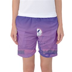 Abstract Tropical Birds Purple Sunset  Women s Basketball Shorts