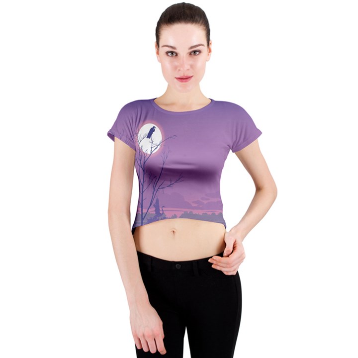 Abstract Tropical Birds Purple Sunset Crew Neck Crop Top