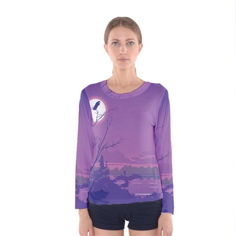 Abstract Tropical Birds Purple Sunset Women s Long Sleeve Tee by WaltCurleeArt