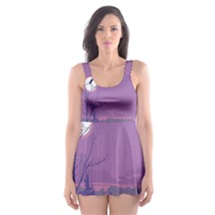 Abstract Tropical Birds Purple Sunset Skater Dress Swimsuit